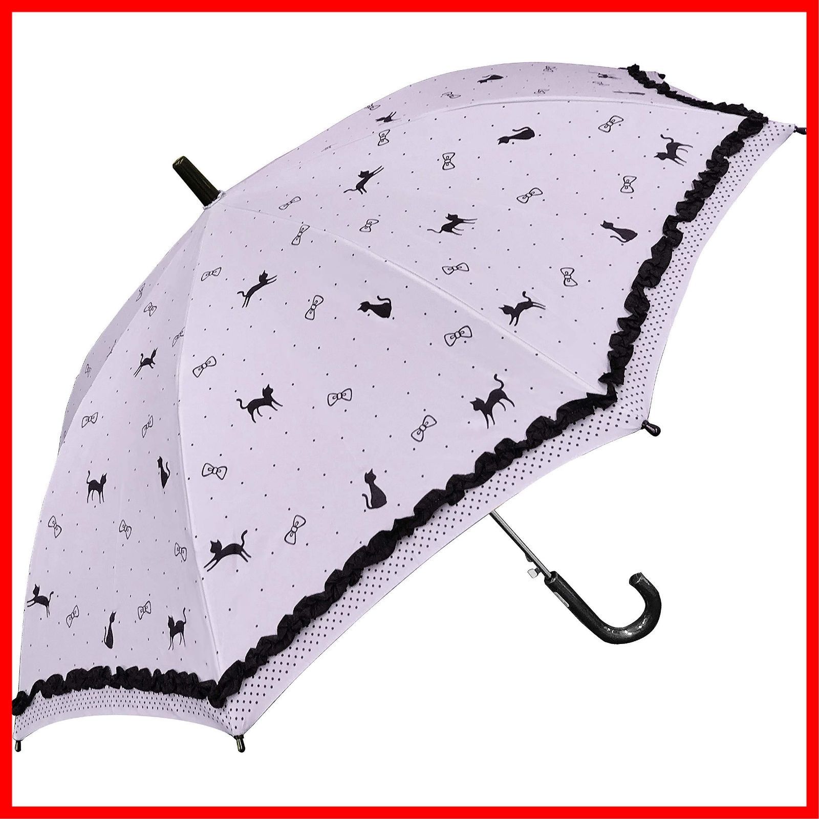 【人気商品】かわいい フリル付 55cm 水玉 リボン ジャンプ傘 猫 （パープル） 軽くて丈夫なグラスファイバー骨