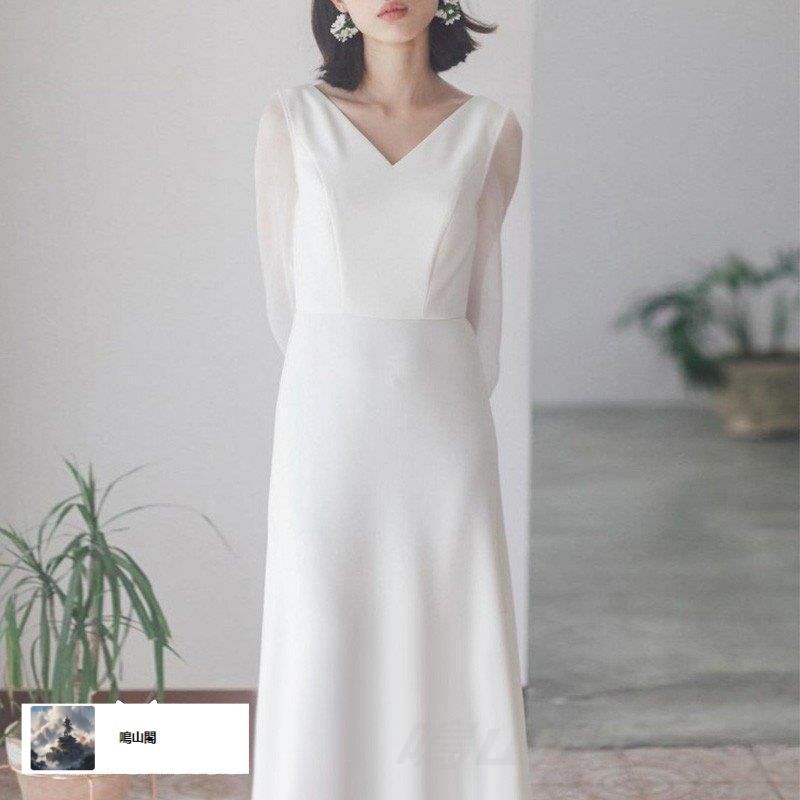 ウエディングドレス 長袖 大きいサイズ ロングドレス 結婚式 二次会 花嫁 白 スレンダーライン 袖あり Vネック シースルー シンプル クラシWP 104