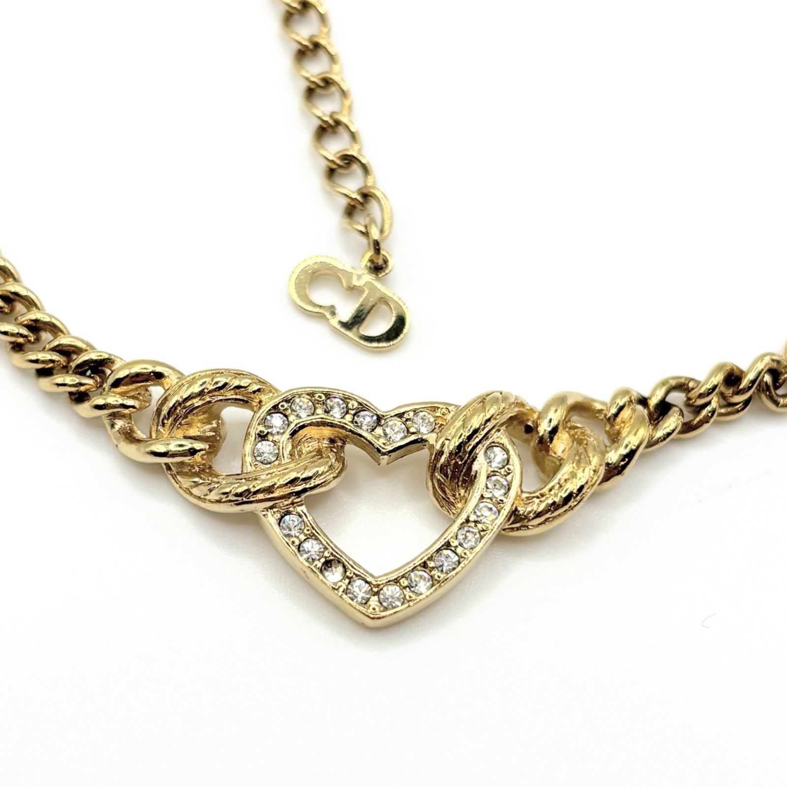 Christian Dior クリスチャン ディオール ラインストーン ハート ネックレス ゴールド チェーン 3連 可愛い レディース 送料無料