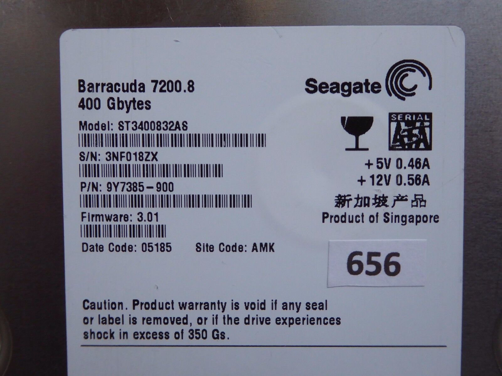 400 GB Seagate ST3400832AS |品番: 9Y7385-900 | FW: 3.01 | 3NF 
