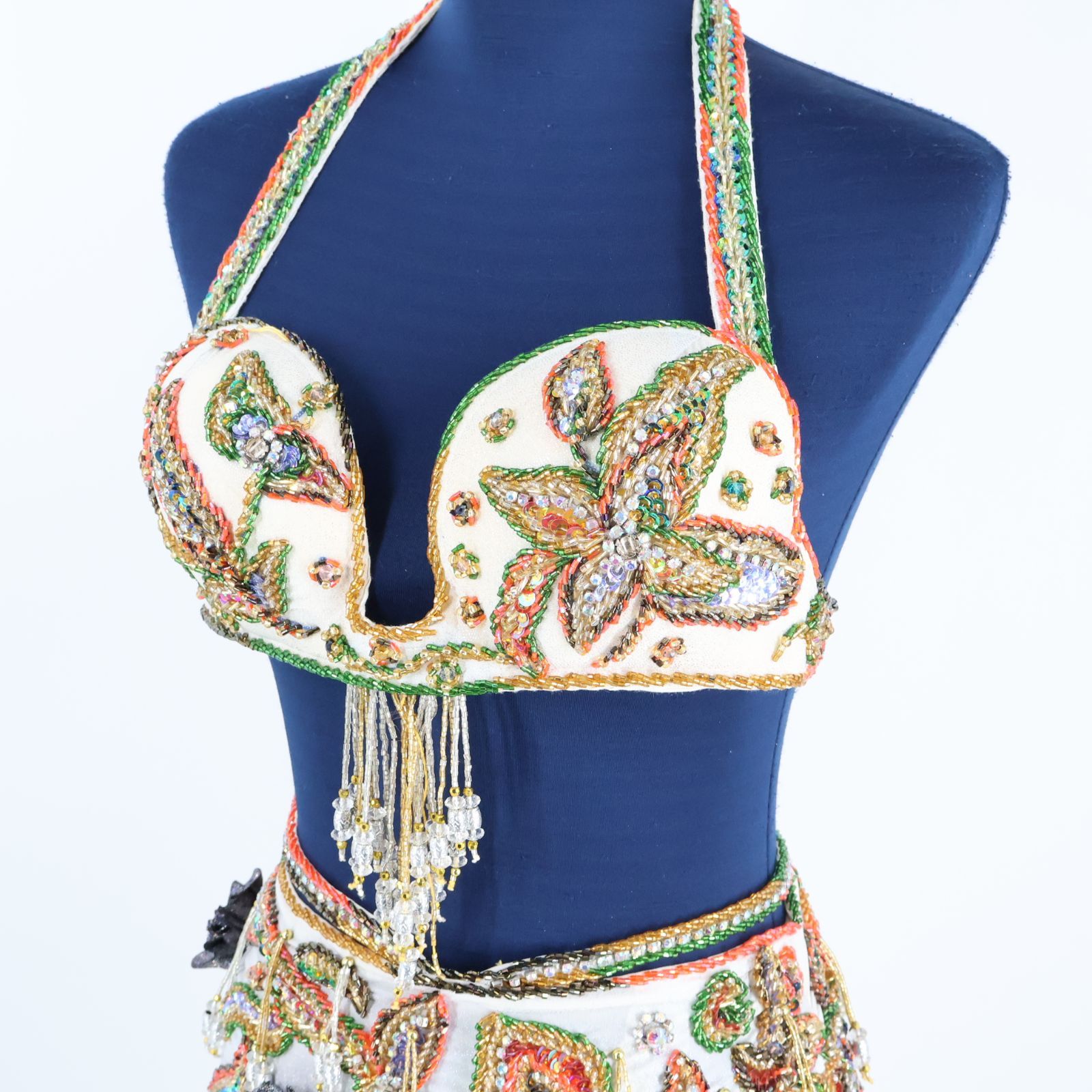 ベリーダンス用 オリエンタル衣装】ホワイト ラインストーン ビーズ