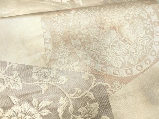 平和屋着物▽六通柄袋帯 向かい鳥花唐草文 銀糸 引箔 正絹 逸品