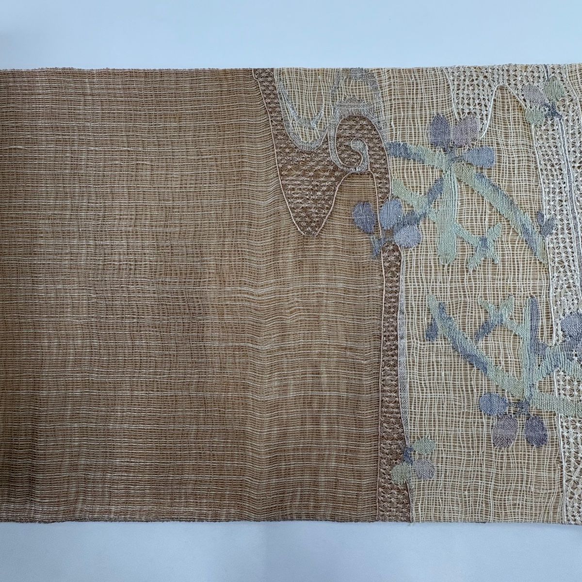 袋帯 秀品 夏帯 萩 流水 銀糸 刺繍 薄茶色 お太鼓柄 正絹 【中古