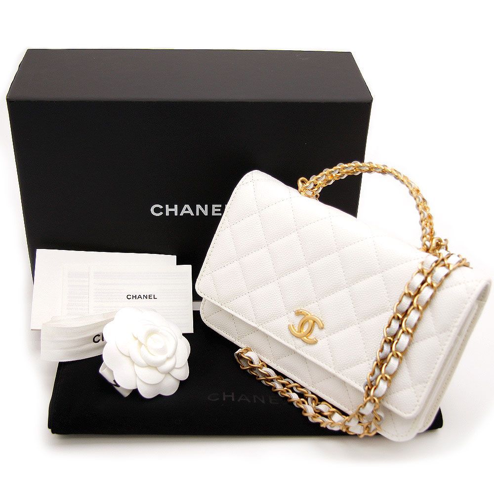 【中古美品】シャネル ショルダーバッグ キャビアスキン マトラッセ トップハンドル ウォレットチェーン 白 CHANEL ゴールド金具 イタリア製  coco ココマーク ミニバッグ