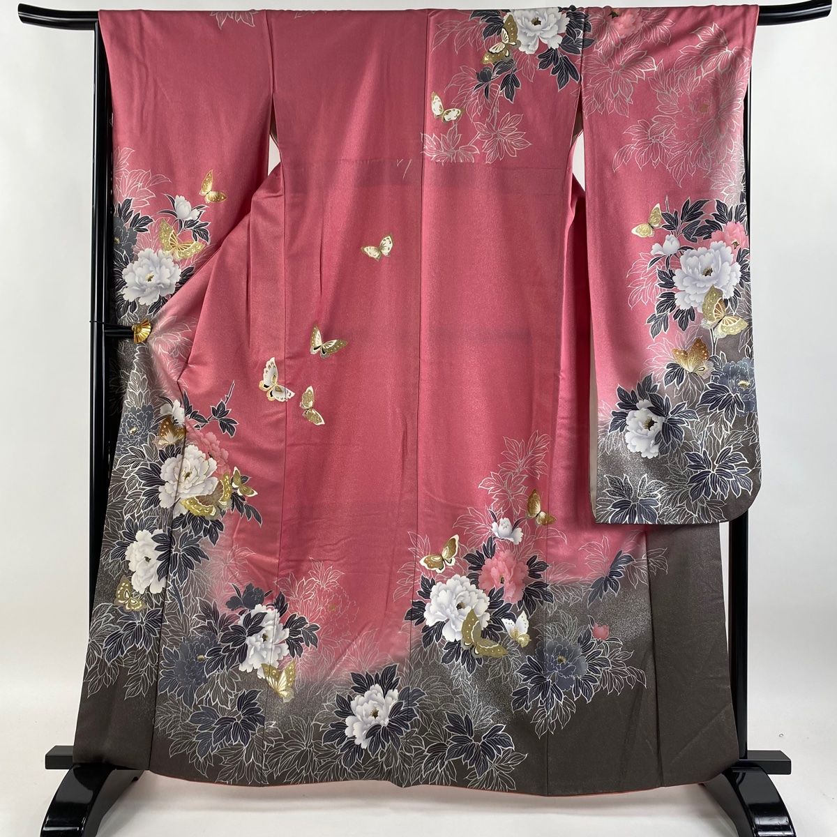 振袖 身丈159cm 裄丈67cm M 袷 蝶 牡丹 銀通し 箔 赤 正絹 美