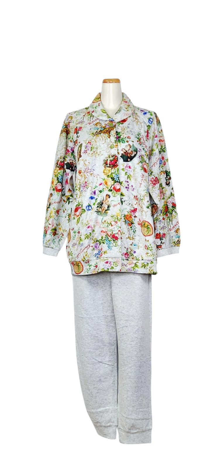 鴨居羊子パジャマ TUNIC 秋物 襟付き全開長袖パジャマ 40接結ローズエンジェル 29336 グレー色