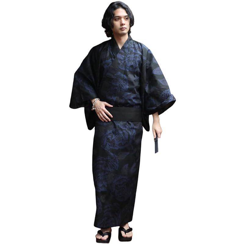 8 eight エイト 和柄 総柄 浴衣 3点セット メンズ 浴衣 帯 下駄 コットン 牡丹 大 ブラックLL