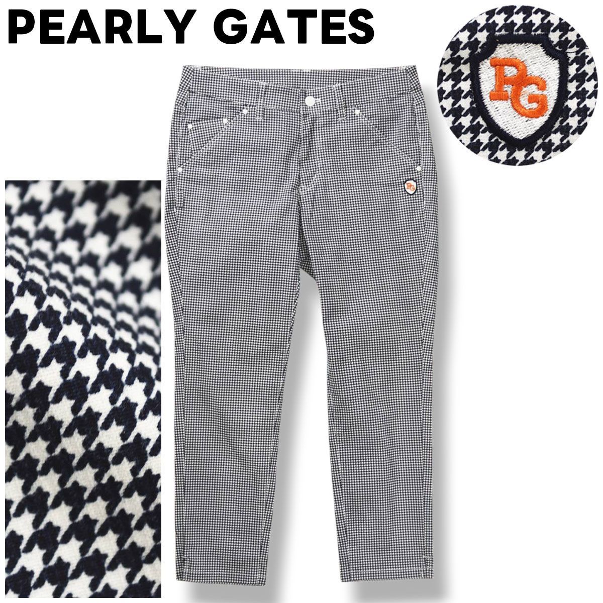 パーリーゲイツ PEARLY GATES テーパード ストレッチ コットン パンツ チノパン ジップアップ ロゴ 刺繍 ワッペン 2 千鳥格子柄 ネイビーxホワイト ゴルフ スポーツ カジュアル レディース ♪