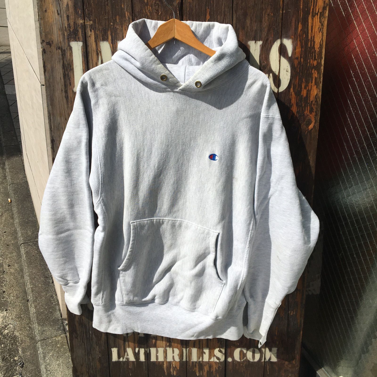 90's USA製 刺繍トリコタグ Champion チャンピオン リバースウィーブ 目つき 無地スウェットパーカー ビンテージ オールド グレー◆Size:US-L