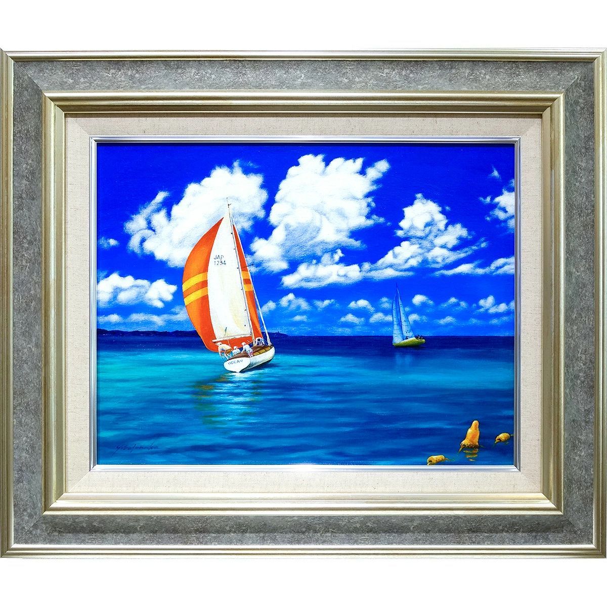 油彩画 里中游 いい風の日 F6号 油絵 額入り 風景画 真筆 肉筆画 手描き 海 波 ヨット 青空 白い雲 セーリング 風水開運画 YE391