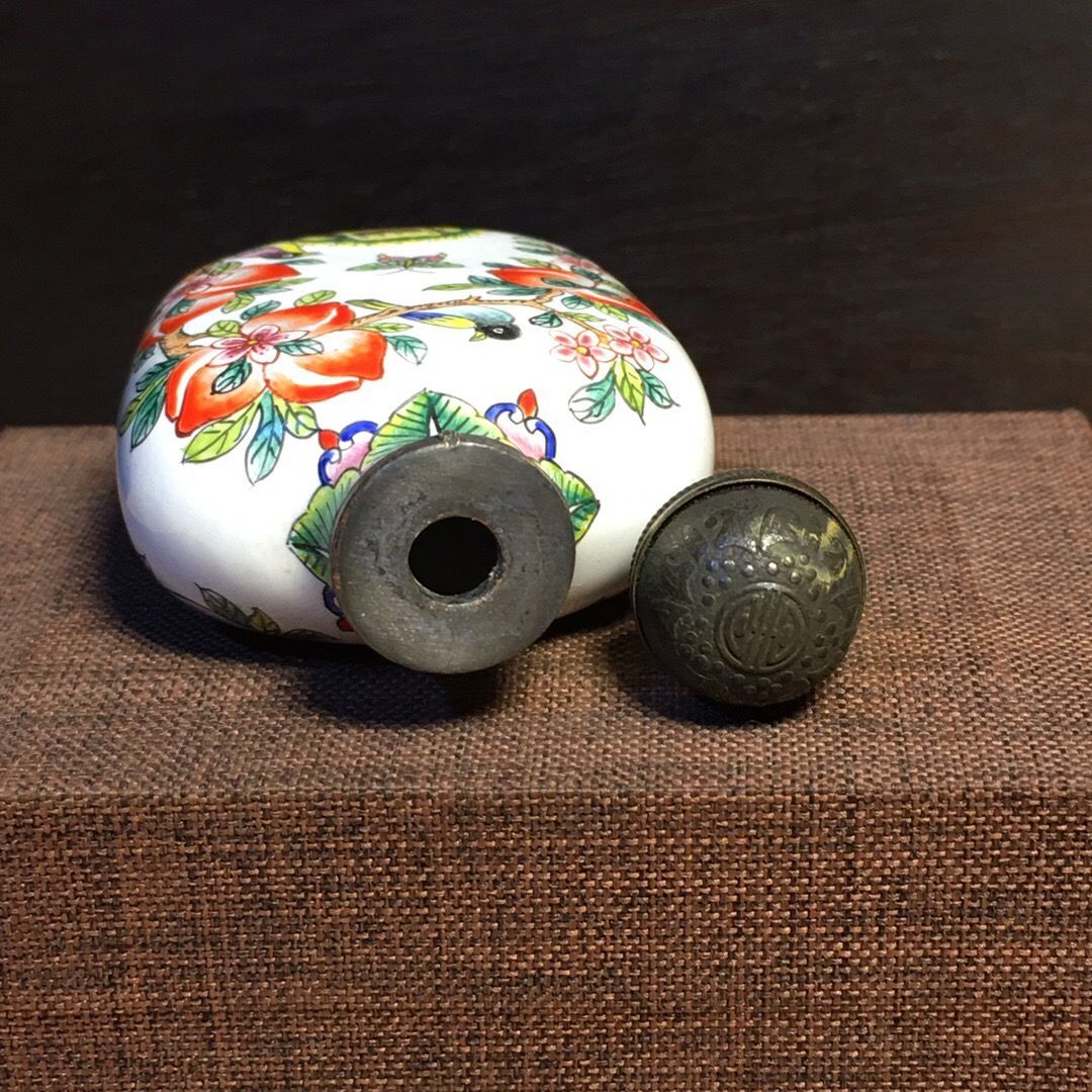 旧家珍蔵品 紫銅胎 琺瑯彩 花鳥紋 鼻煙壺 擺件 根付 裝身具 文房置物