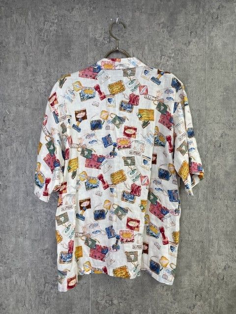 中古】日本製 PAPAS ﾊﾟﾊﾟｽ ｵｰﾌﾟﾝｶﾗｰ ｼｬﾂ ｱﾛﾊ ﾘﾈﾝ 総柄 ｽﾀﾝﾌﾟ ﾀｸﾞ ﾌﾟﾘﾝﾄ