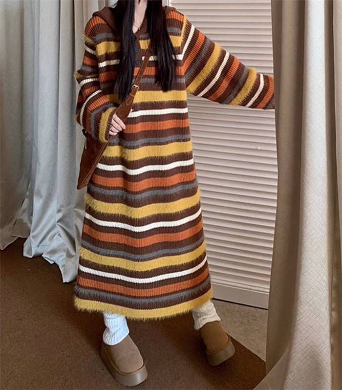 ニット ワンピース レディース フード付き ボーダー柄 長袖 ニットワンピース ロング セーター セーターワンピース プルオーバー ボタン ワンピ 体型カバー ゆったり カジュアル レトロ 秋 冬 e3dZ320