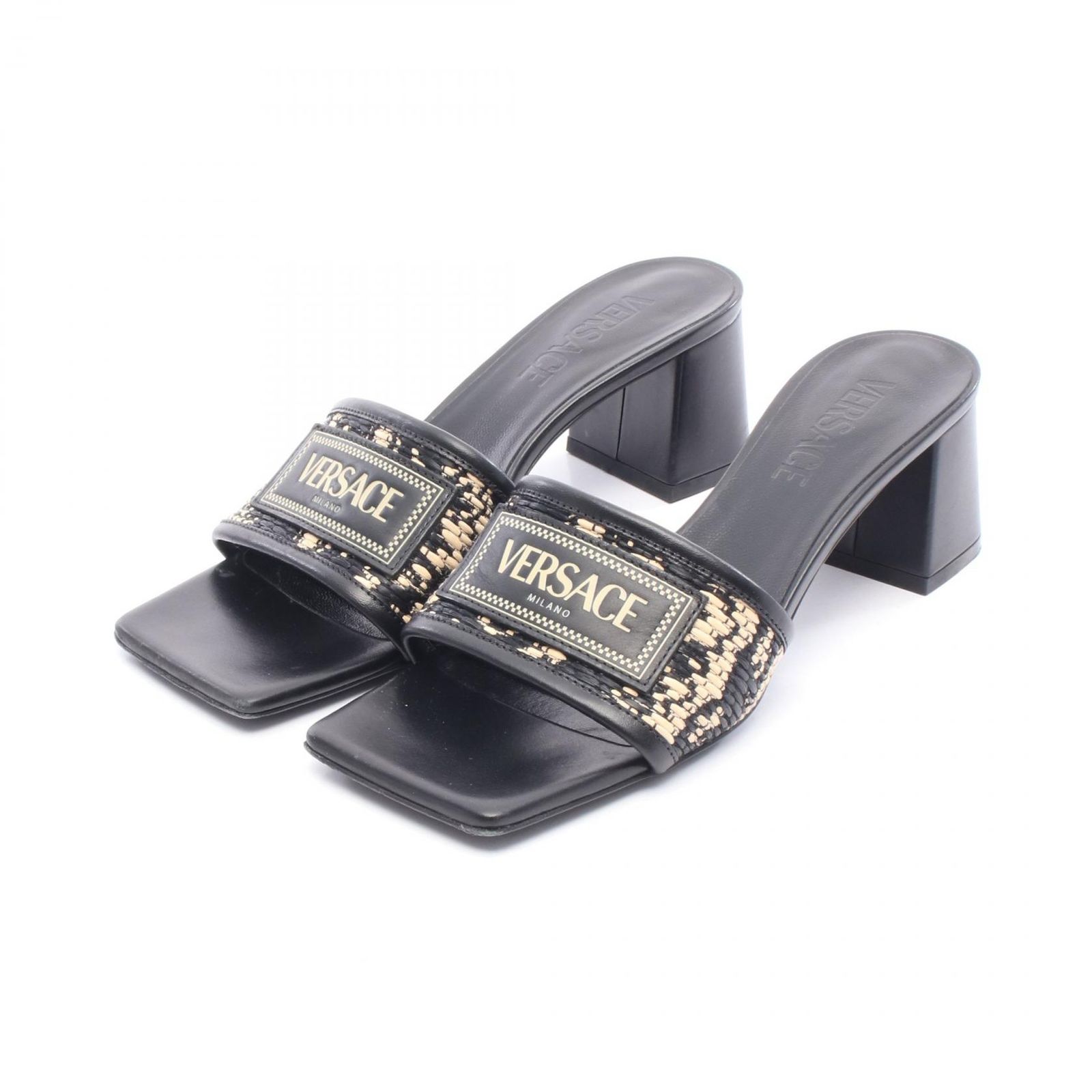 ヴェルサーチ VERSACE ミュール ブラック レザー サンダル レディース Used A
