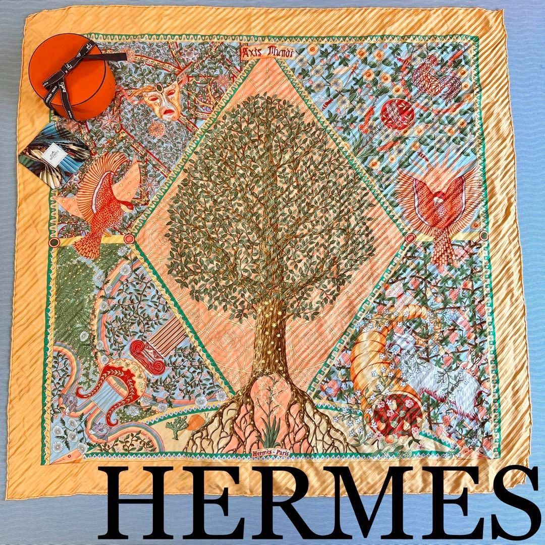 カラーオレンジサーモンピンク系極美品【HERMES】カレ90 シルク 大判スカーフ 世界の中心軸