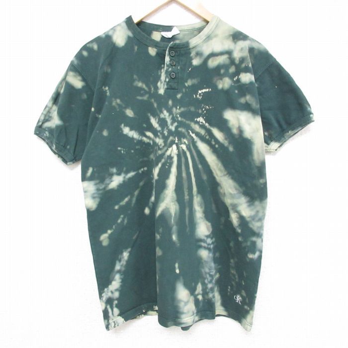 L/古着 カルバンクライン Calvin Klein 半袖 ブランド Tシャツ メンズ ワンポイントロゴ コットン ヘンリーネック 緑他 グリーン ブリーチ