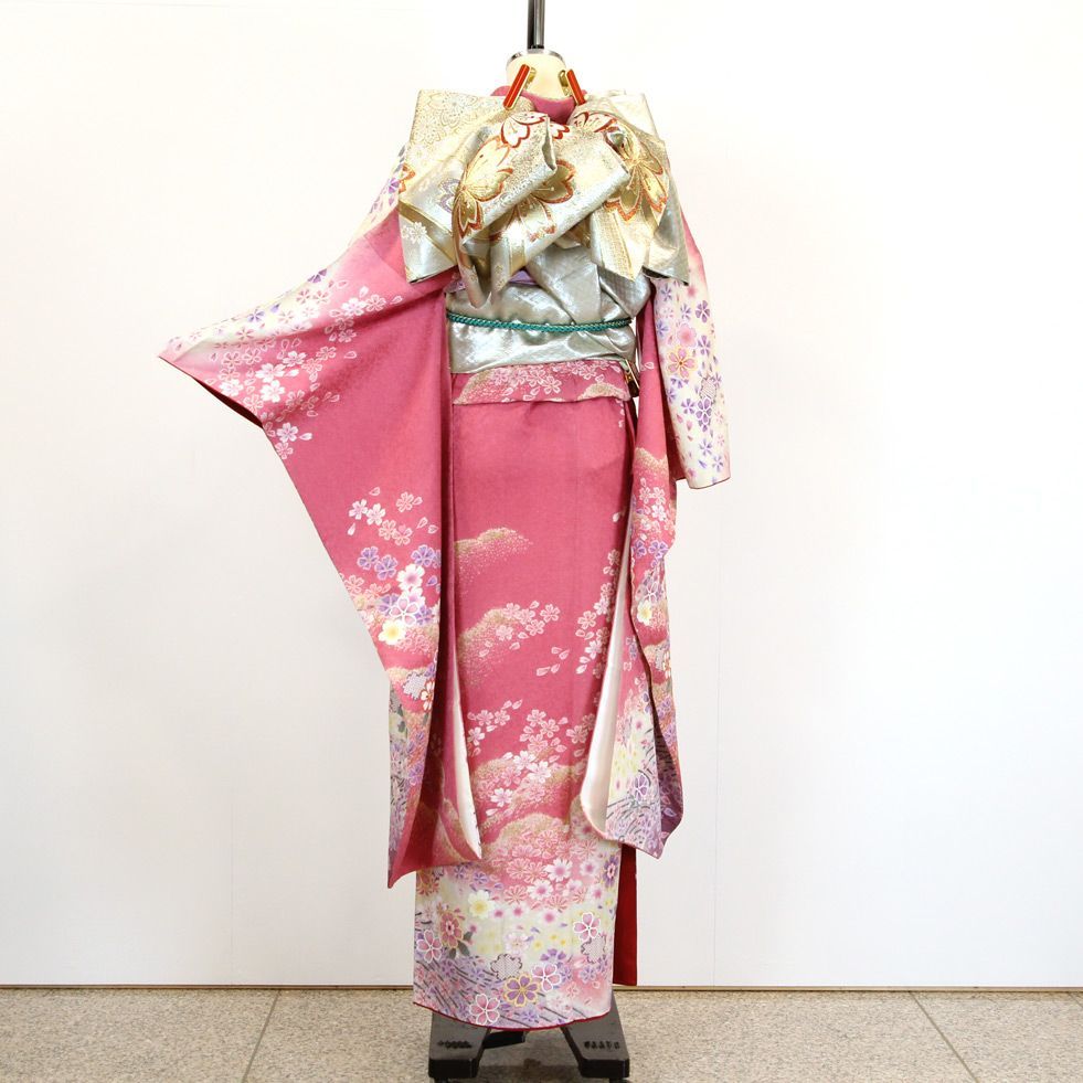 振袖フルセット 6点セット 古典 桃色地 桜・小花 正絹【振袖 振袖フルセット 6点セット 古典 桃色地 桜・小花 正絹【振袖