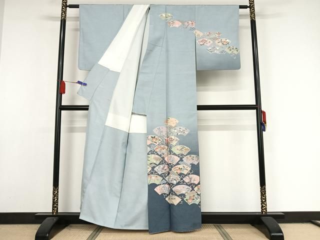 平和屋着物●十日町　加賀草木友禅の第一人者　田村哲彦　訪問着　紬地　地紙吉祥花鳥文　暈し染め　正絹　逸品　AAAY1482np 平和屋着物○十日町 加賀草木友禅の第一人者 田村哲彦 訪問着 紬地 地