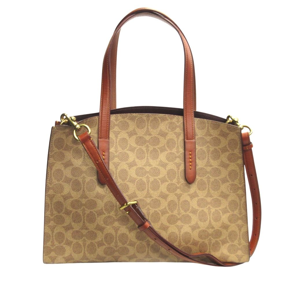美品　コーチ　トートバッグ　茶　シグネチャー　キャンバス　2way　F 新品同様 COACH コーチ シグネチャー チャーリー キャリーオール