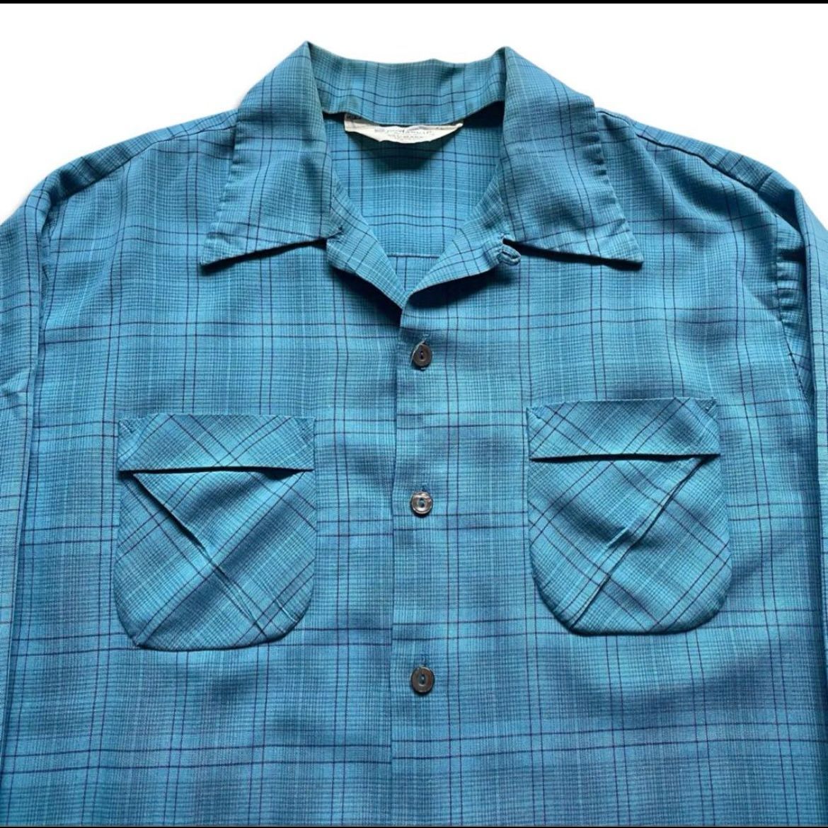 US 60s 50s オープンカラー シャツ 開襟 シャドーチェック オンブレ