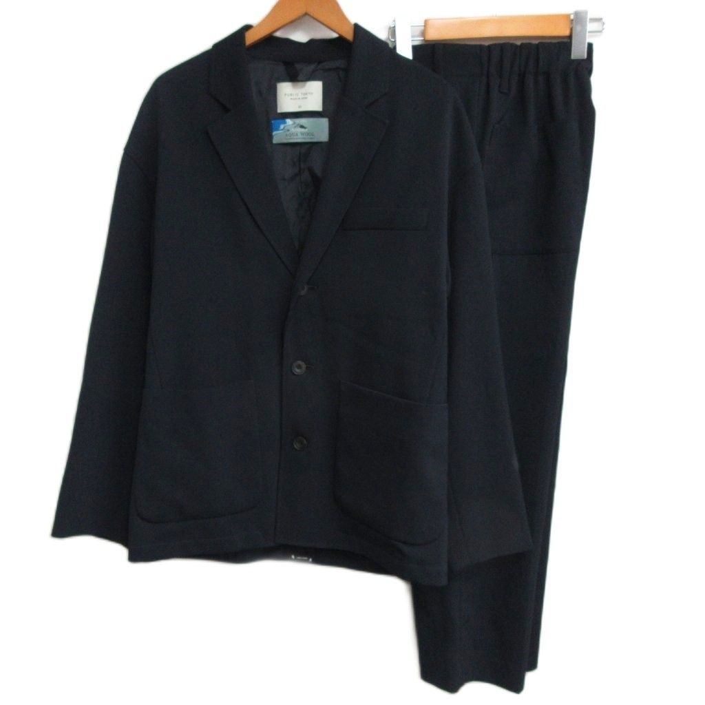パブリックトウキョウ PUBLIC TOKYO 21年 AQUA WOOL アクアウール カルゼ セットアップ ジャケット-パンツ シングル 3B ゴムウエスト 背抜き 紺 ネイビー サイズ2