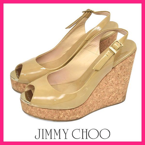 【美品】ジミーチュウ　ミュール　ベージュ　サンダル　コルク　パテント JIMMY CHOO 正規品 ジミーチュウ サンダル 厚底 ウエッジソール
