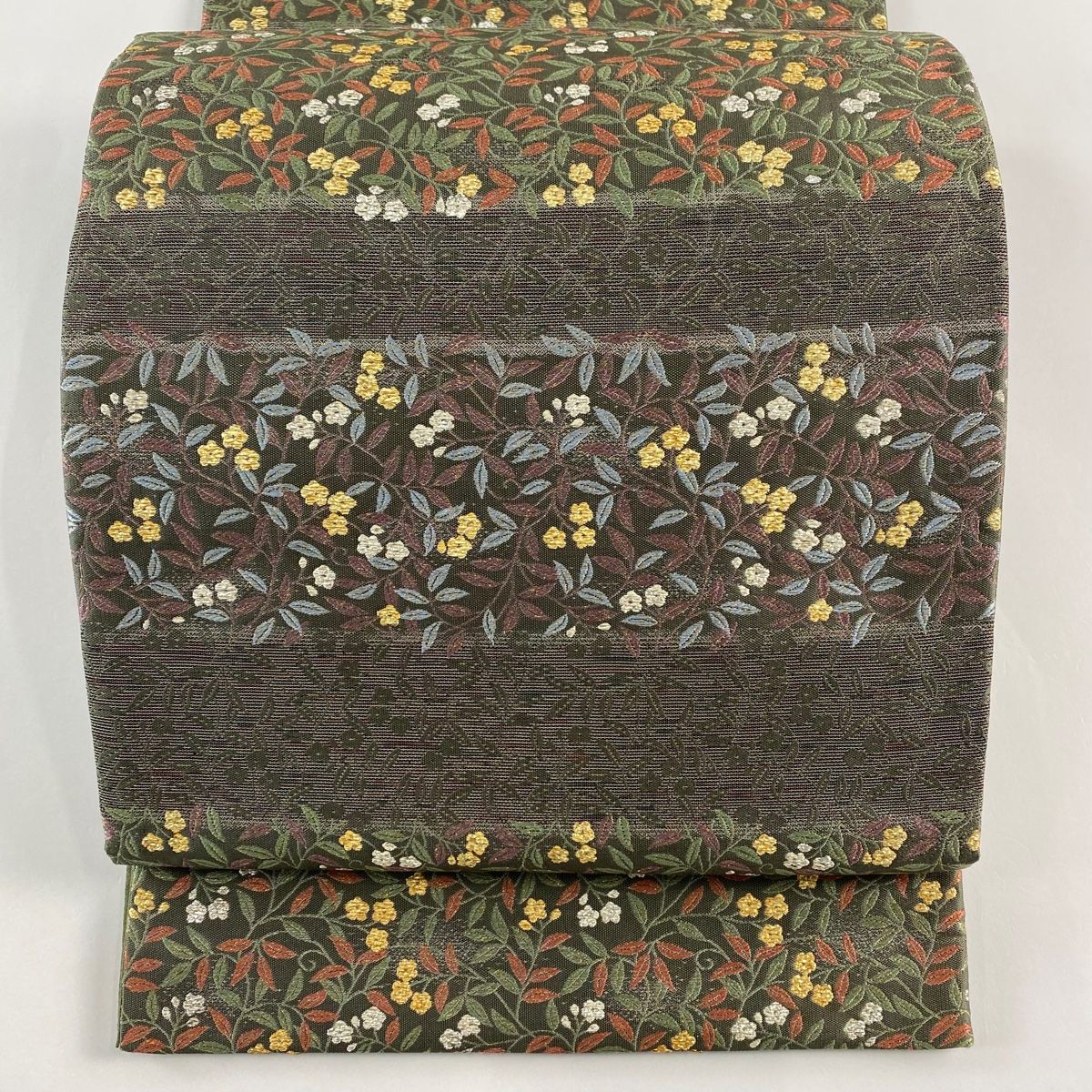 袋帯 秀品 草花 金糸 箔 灰緑 六通 正絹