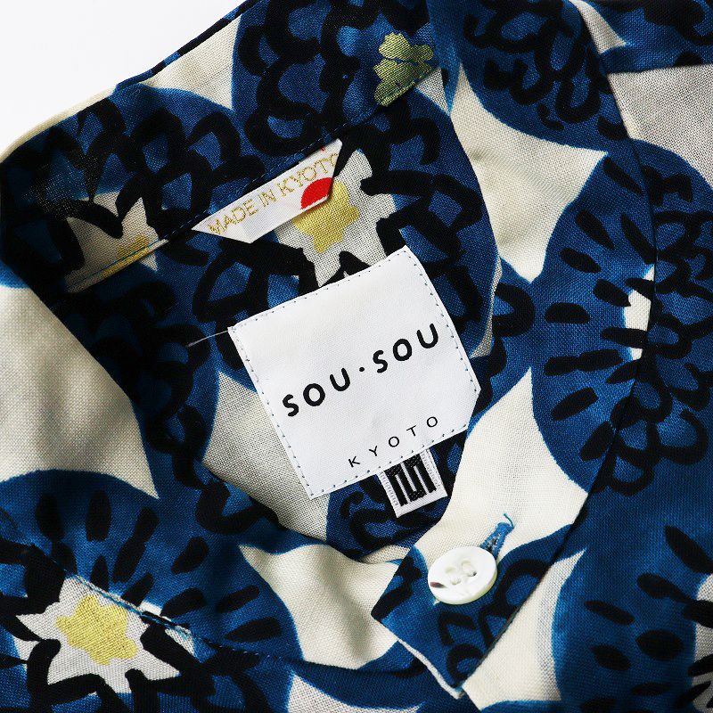  ソウソウ SOU 京都 モスリン 草衣 上 寒菊 シャツ M アイボリー ブルー ブラウス ウール バンド 長袖 シャツ ブラウス