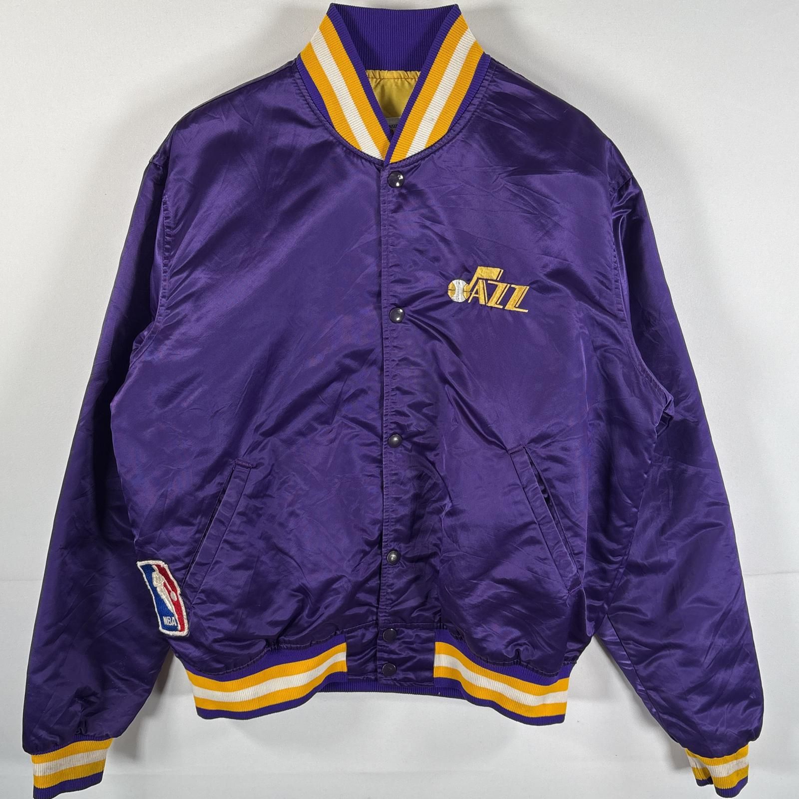 古着 スターター Starter USA製 ナイロンスタジャン NBA ワッペンロゴ ユタジャズ キルティングライナー チームロゴ L  パープル メンズ 古着 スターター Starter USA製 ナイロンスタジャン NBA ワッペンロゴ