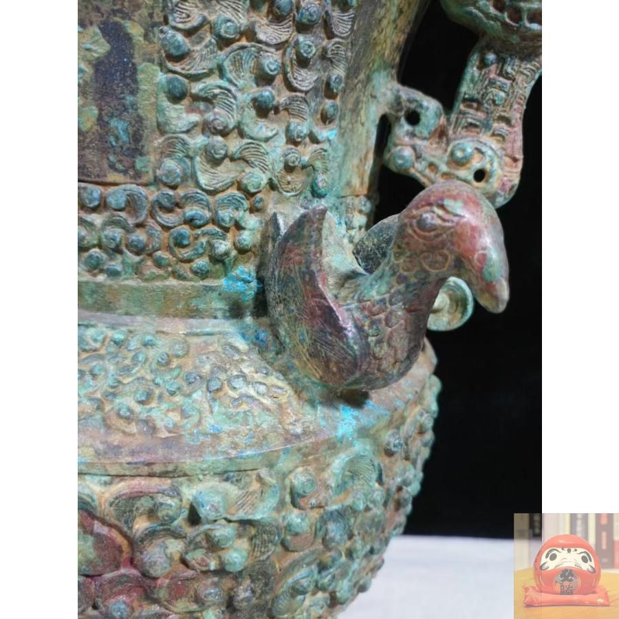 中国古美術.珍品旧蔵.青銅器.細密彫.獣耳樽.装酒器 .祭祀礼器