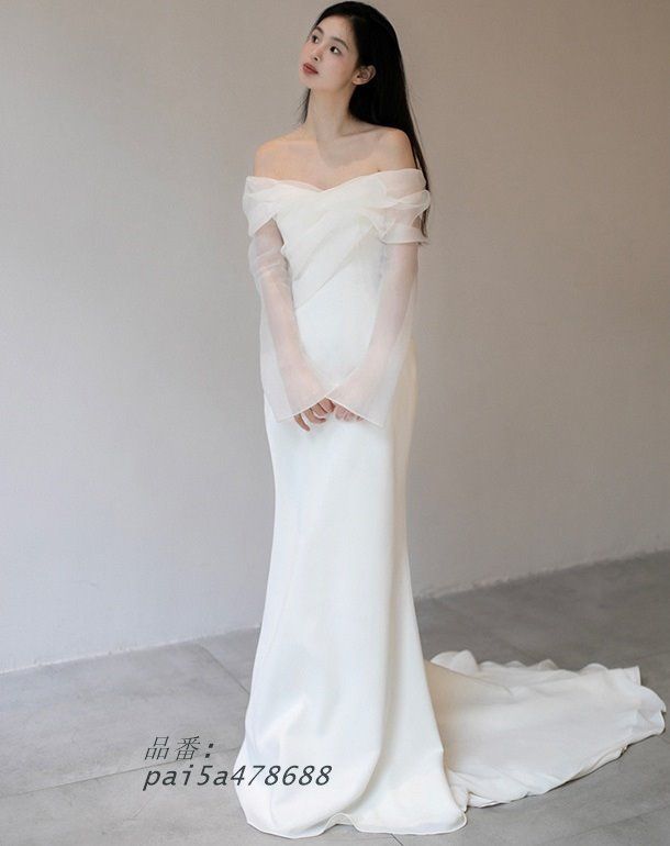 ウェディングドレス オフショルダー ウェディングドレス 大きいサイズ 3L 4L シンプル 小さいサイズ ウェディングドレス 二次会 前撮り トレーン 袖あり長袖 pai5a478688