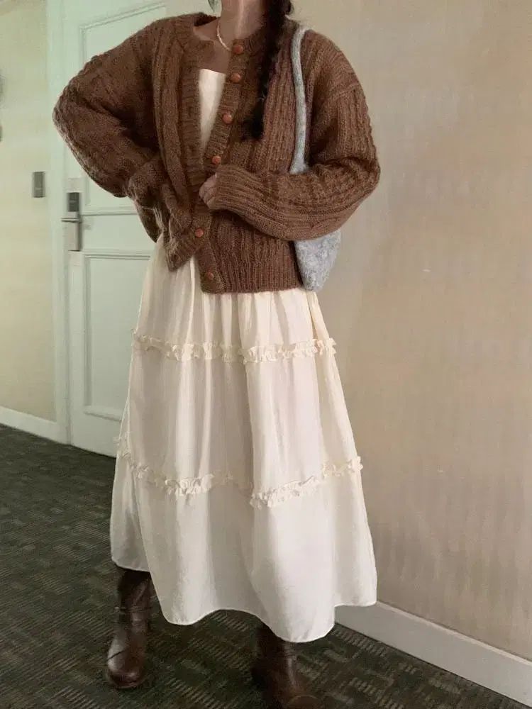 メルラウンジ モヘア ブラウン ケーブル編み カーディガン