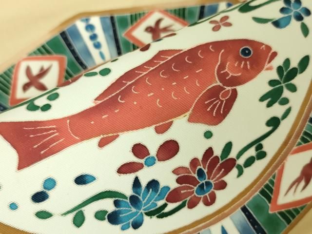 平和屋本店□極上 本加賀友禅作家 木村雨山 塩瀬 九寸名古屋帯 魚絵皿