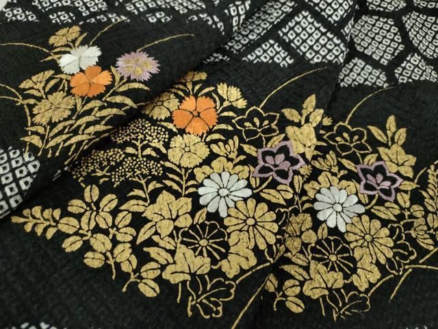 平和屋着物○訪問着 絞り 刺繍 変わり市松花文 黒地 金彩 正絹 逸品