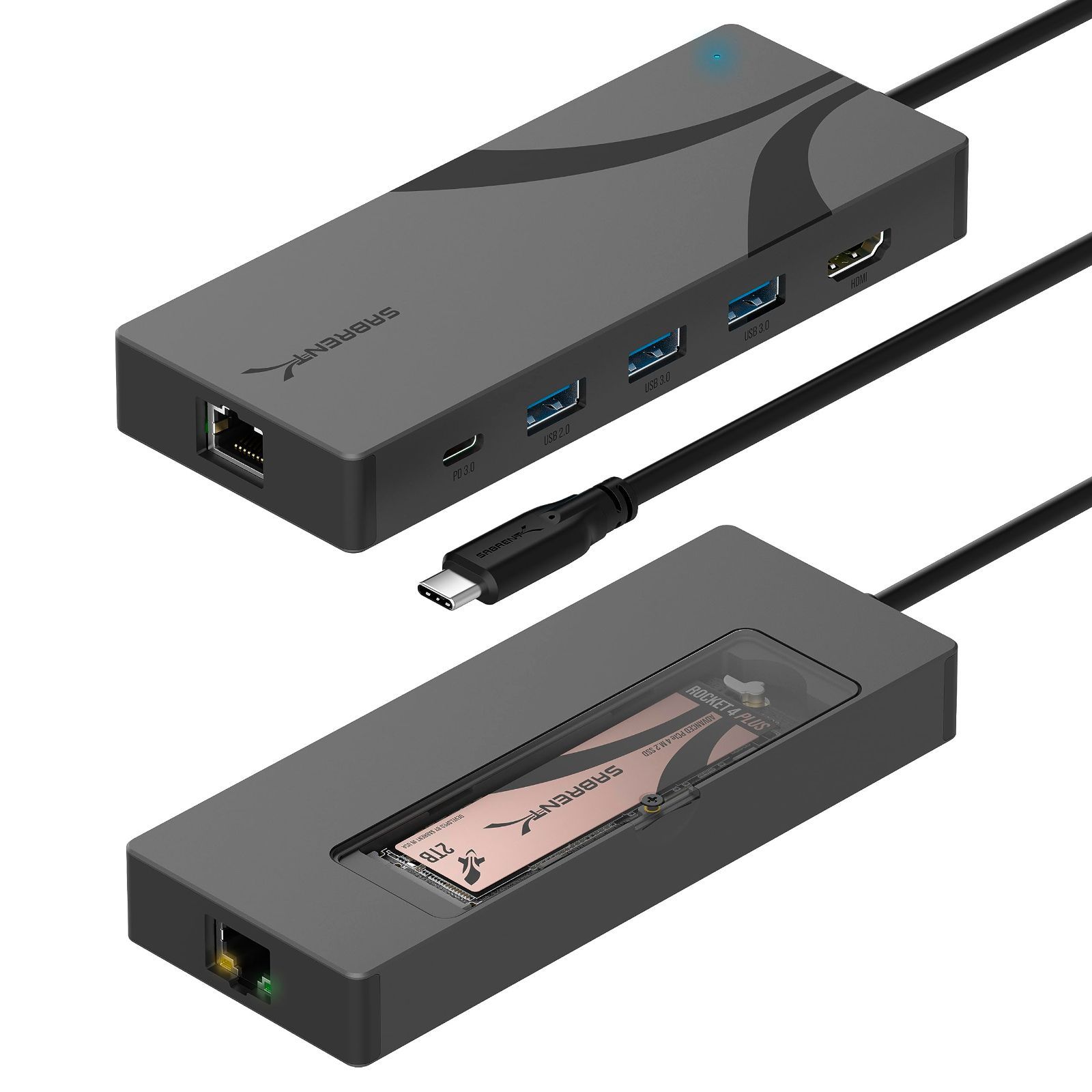 在庫 SABRENT usb-Cハブ M.2 SSDスロット付き6ポートドック 90W PD3.0 1個のUSB 2.0 - 2個のUSB 3.0 Type-Aポート HDMI 2.0 4K 60Hz RJ45 1GbEポート ドッキングステーション