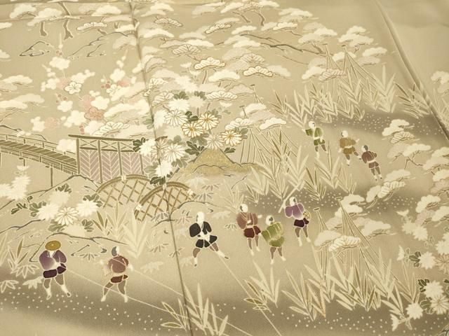 平和屋着物●豪華色留袖　駒刺繍　風景人物文　金彩　銀座越後屋扱い　正絹　逸品　CAAW3931vf 平和屋着物○豪華色留袖 駒刺繍 風景人物文 金彩 銀座越後屋扱い