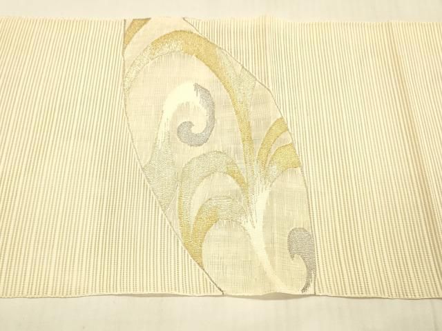 C 美品 流線模様 金銀糸 灰色 六通 正絹 薄物 夏用 絽 紗 名古屋帯 C 美品 流線模様 金銀糸 灰色 六通 正絹 薄物 夏用 絽