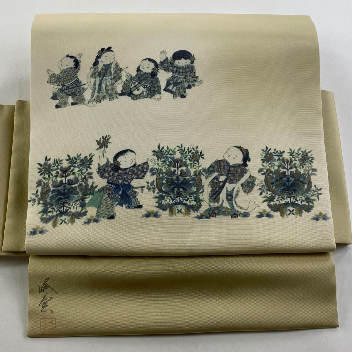 付け帯 秀品 落款 作り帯 童 金彩 ぼかし ベージュ 正絹