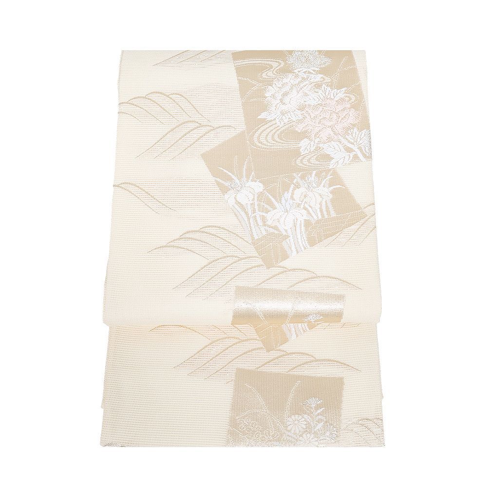 新品未使用 夏用帯 絽 正絹 袋帯 染め帯 銀色箔 立涌文様 白地 夏帯】名古屋帯 絽 流水 絹 銀糸 水色 ブルー 白 シルバー 631
