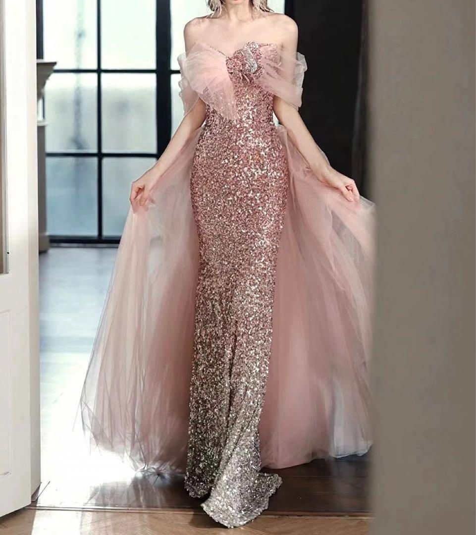 スパンコールにチュールがゴージャスなオシャレオフショルドレス大人 おとなかわいい