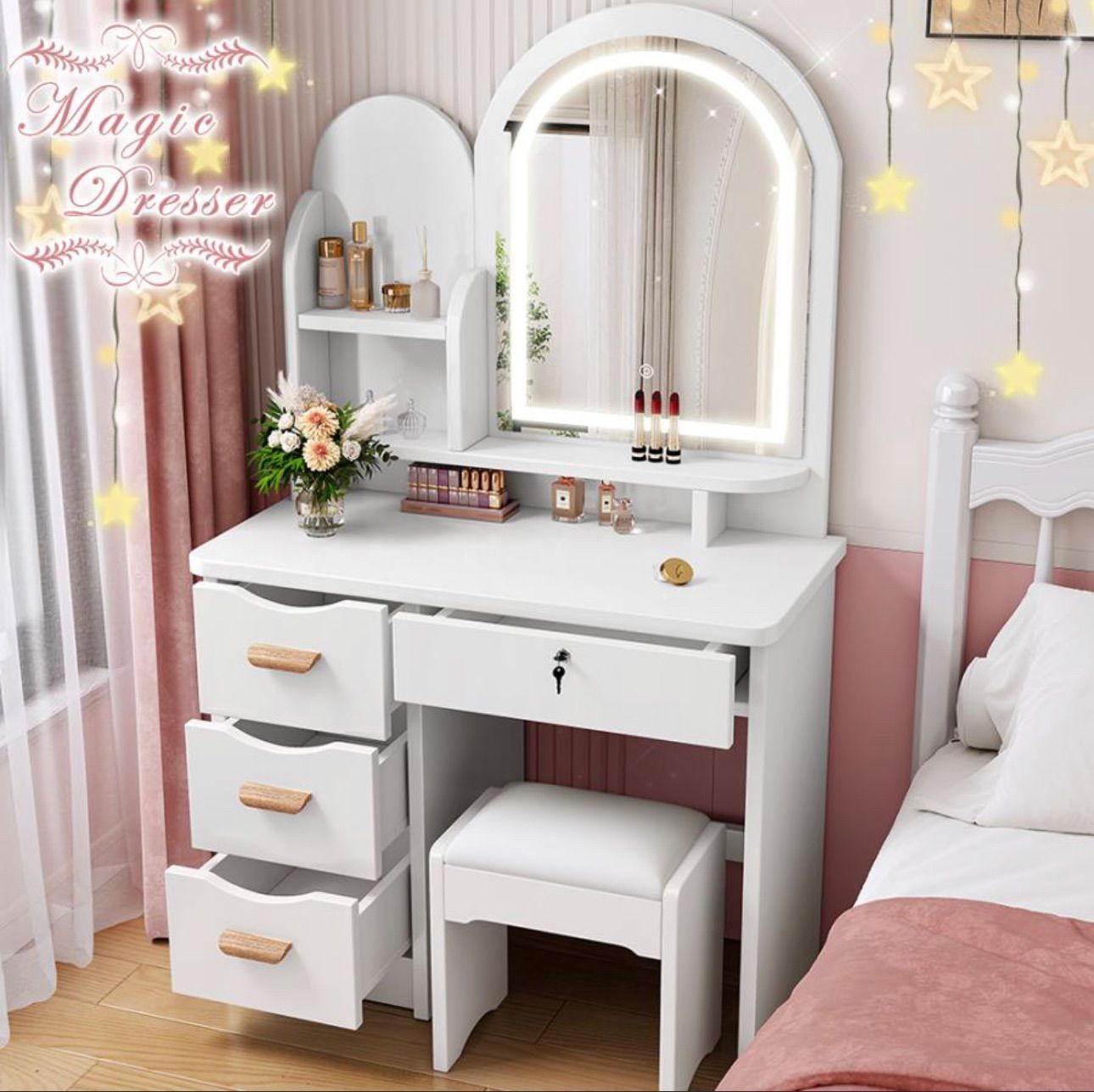 限定セール♪新品ドレッサー♪女優ミラー LED三色変更 スツール付き