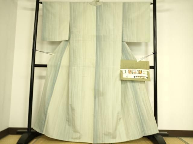 平和屋着物▽本塩沢 やまだ織 200色 単衣 縞 証紙・反端付き 正絹 逸品  