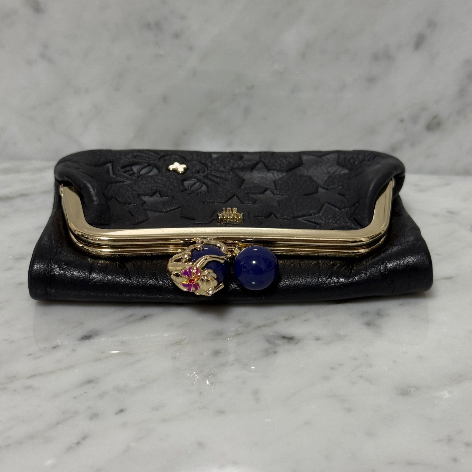 美品 ANNA SUI アナスイ 二つ折り財布 ブラック 黒 本革 がま口財布