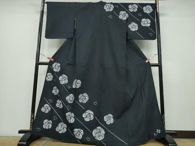 平和屋着物∴夏物 訪問着 浴衣兼用 絞り 薔薇 黒地 綿 CAAY4666ng