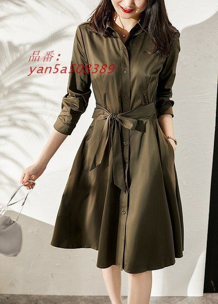 コットンワンピース 長袖 ウエストリボン ギャザースカート 前開き オレンジ 細く見える通勤通学20代30代40代50代60代 yan5a508389