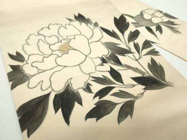 平和屋着物○塩瀬 九寸名古屋帯 作家物 手描き 牡丹文 正絹 逸品