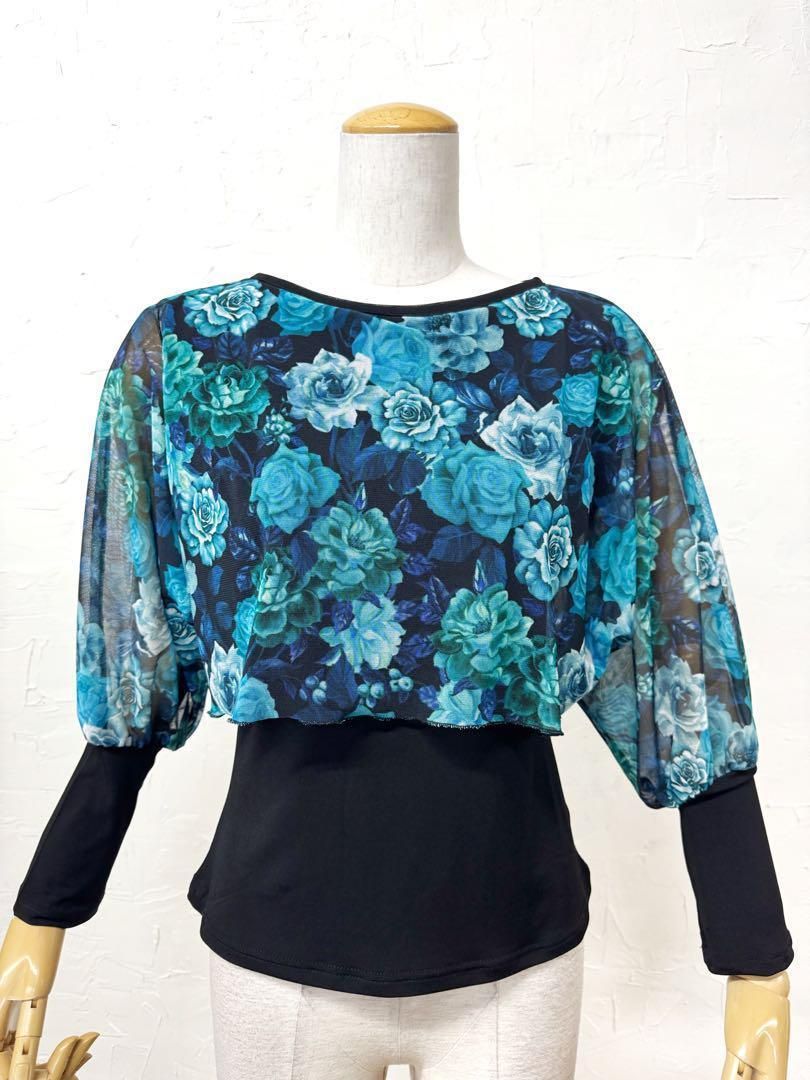 華やぎ TAKAダンス Mサイズ社交ダンスブルー花柄カットソー837