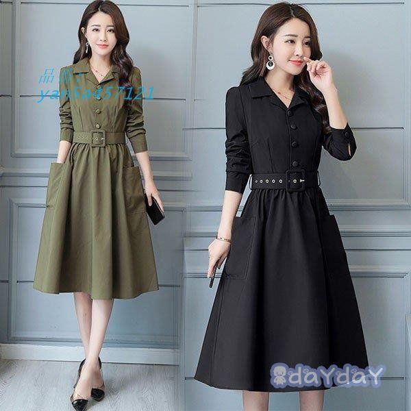 シャツワンピース レディース ロング 40代 長袖 春秋 大きいサイズ 上品 韓国風 着痩せ Vネック きれいめ OL パーティードレス おしゃれ 通勤 ベルト 無地 yan5a457121