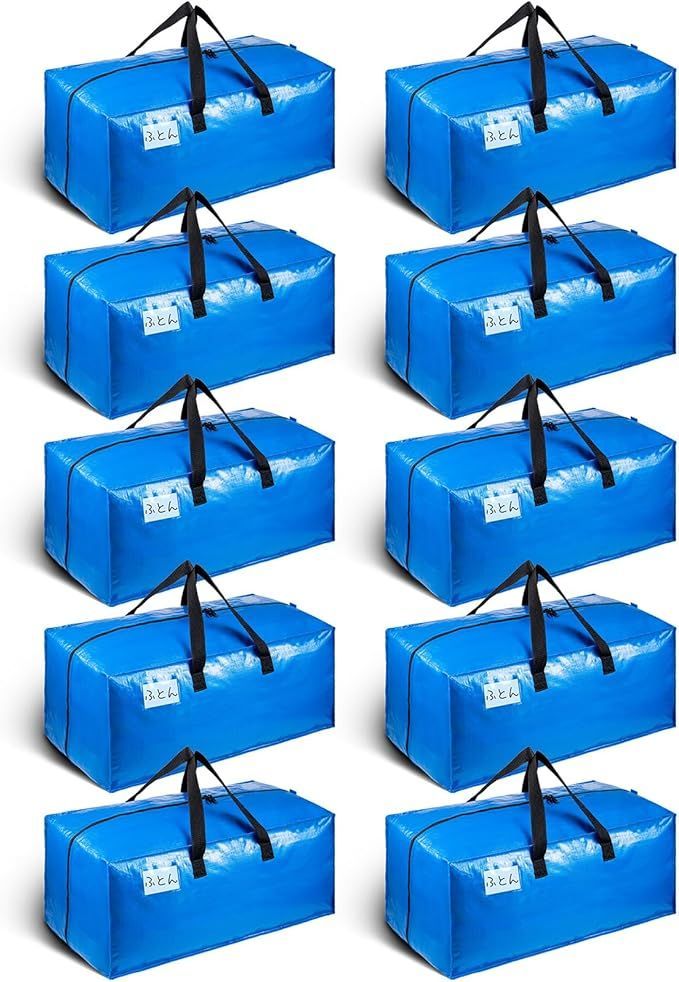 ブルー 74x33x36cm 窓なし 10個セット 引越しバッグ 大型バッグ 特大 耐荷重58kg 旅行バッグ ボストンバッグ 布団収納袋 収納ケース 大容量 透明窓 持ち手付き 衣類 布団 防塵 防水 折りたたみ式 カバン 省スペース 10個 セット