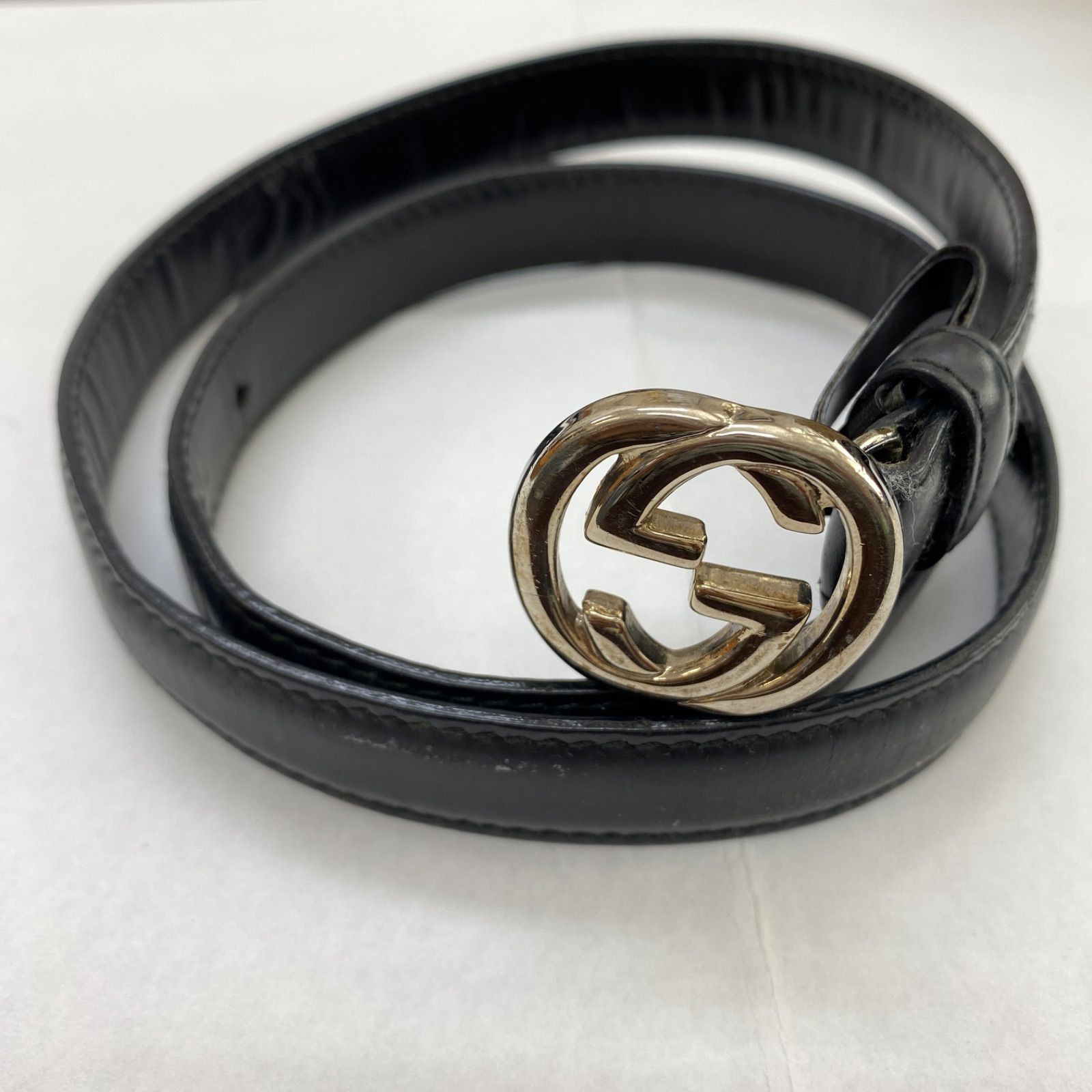 GUCCI ダブルGバックル ベルト ブラック 85-34 ダブルG シャイニーバックル ワイド ベルトブラック レザー